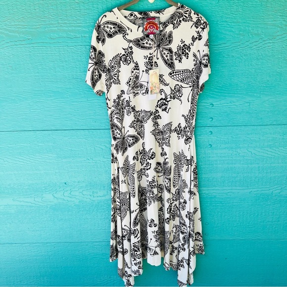 JOHNNY WAS JANIE BUTTERFLY HANDKERCHIEF HEM MIDI DRESS BLACK CREAM SIZE MED NWT - Picture 2 of 13
